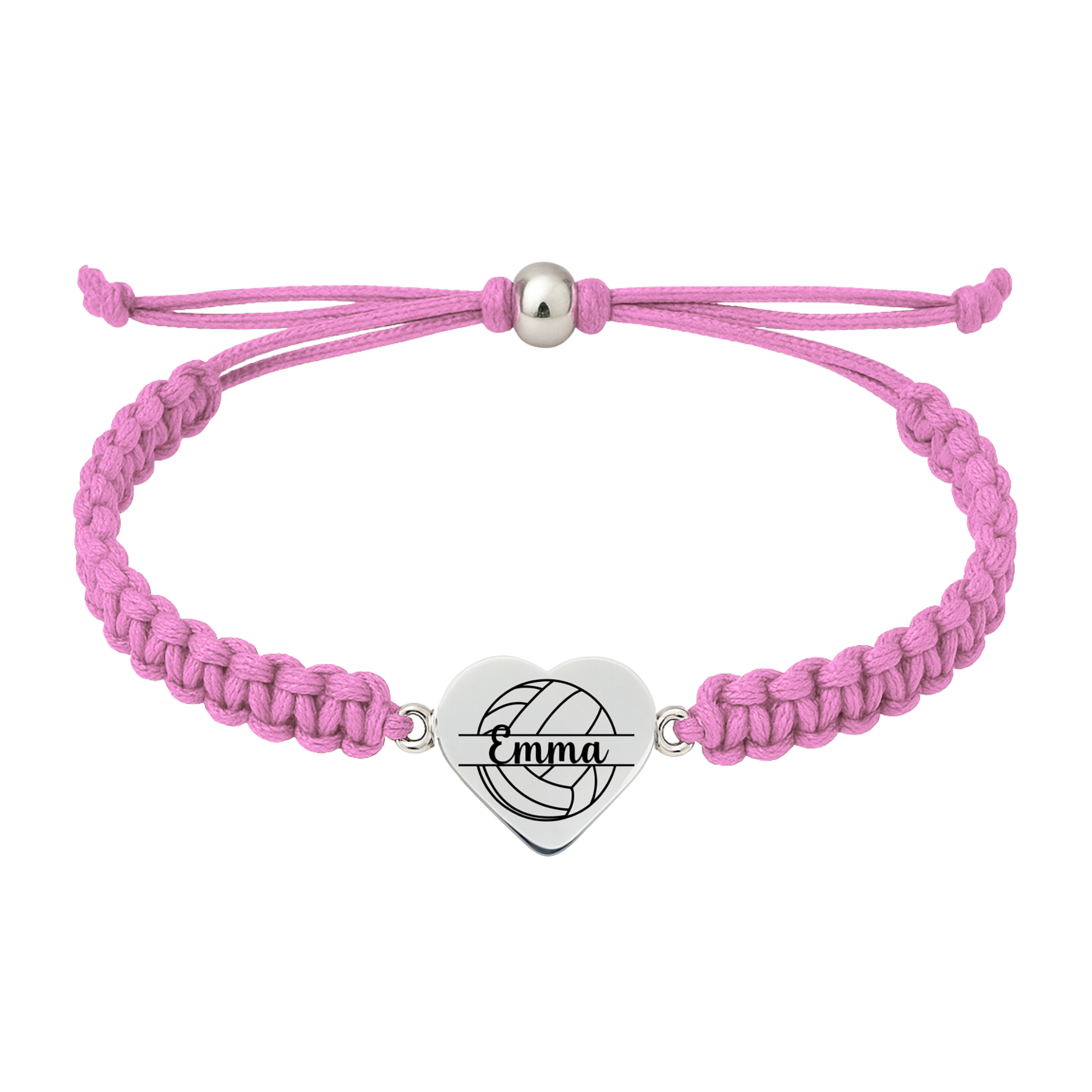 Light Pink volleyball bracelet featuring silver heart charm, engraved with custom text