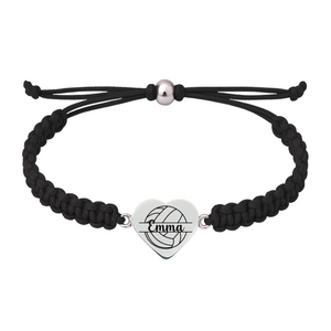 Black rope bracelet featuring engraved heart-shaped volleyball charm with custom name