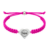 Hot pink bracelet with custom volleyball heart charm, laid flat on white background