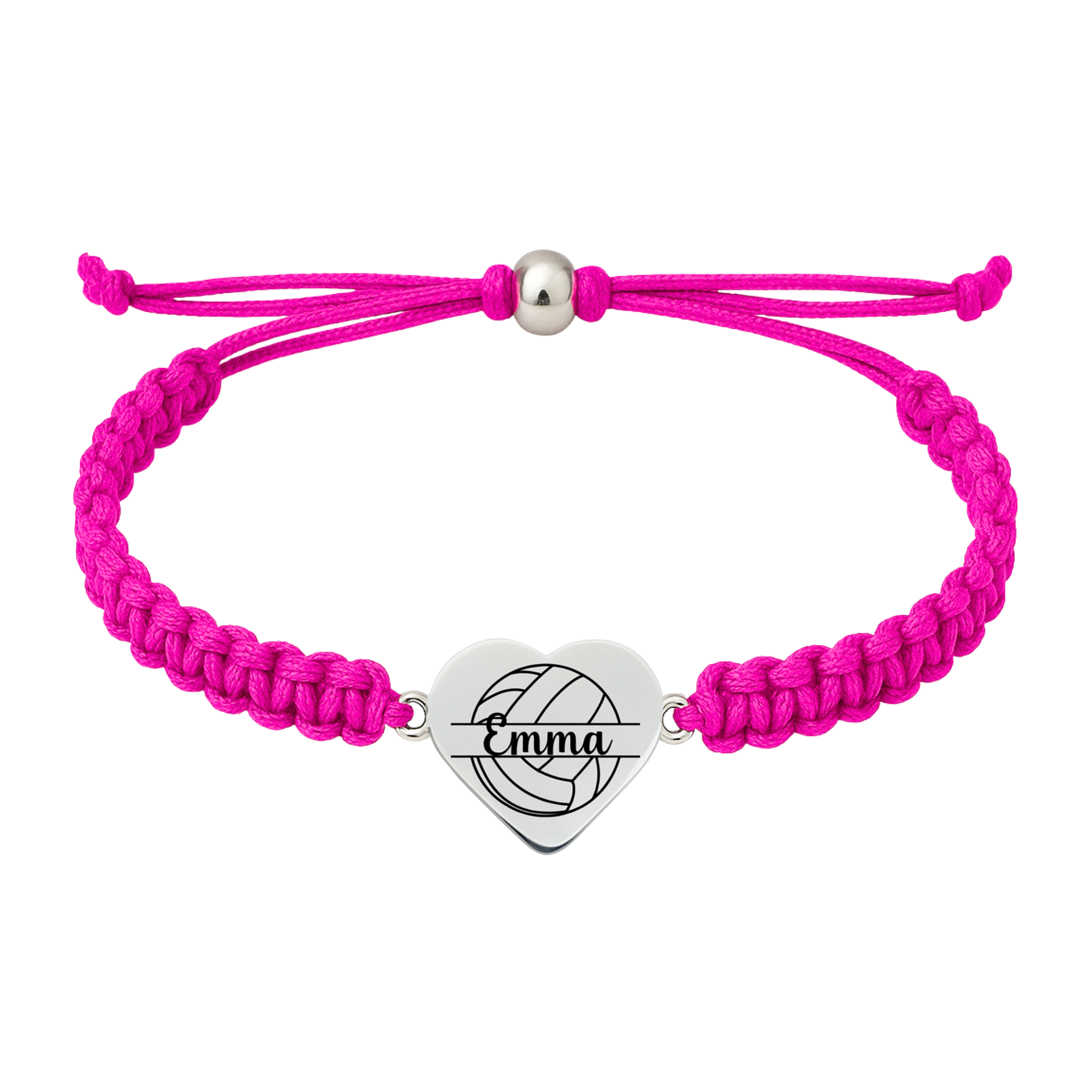 Hot pink bracelet with custom volleyball heart charm, laid flat on white background