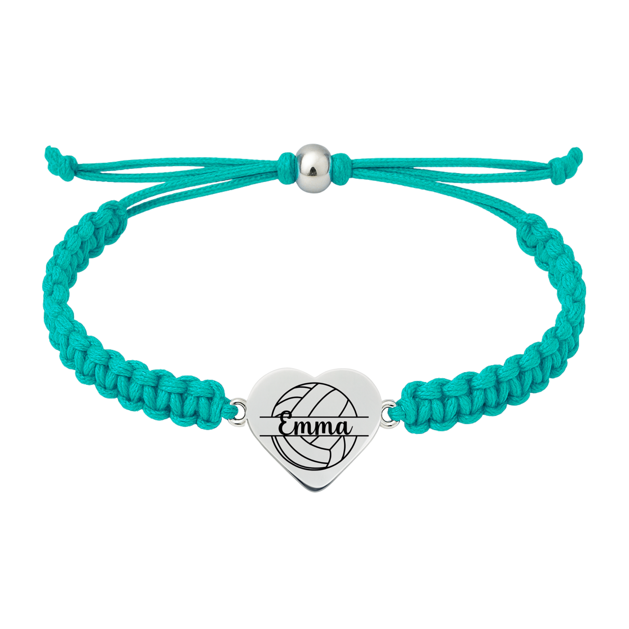 Turquoise braided bracelet with silver volleyball heart charm engraved with name