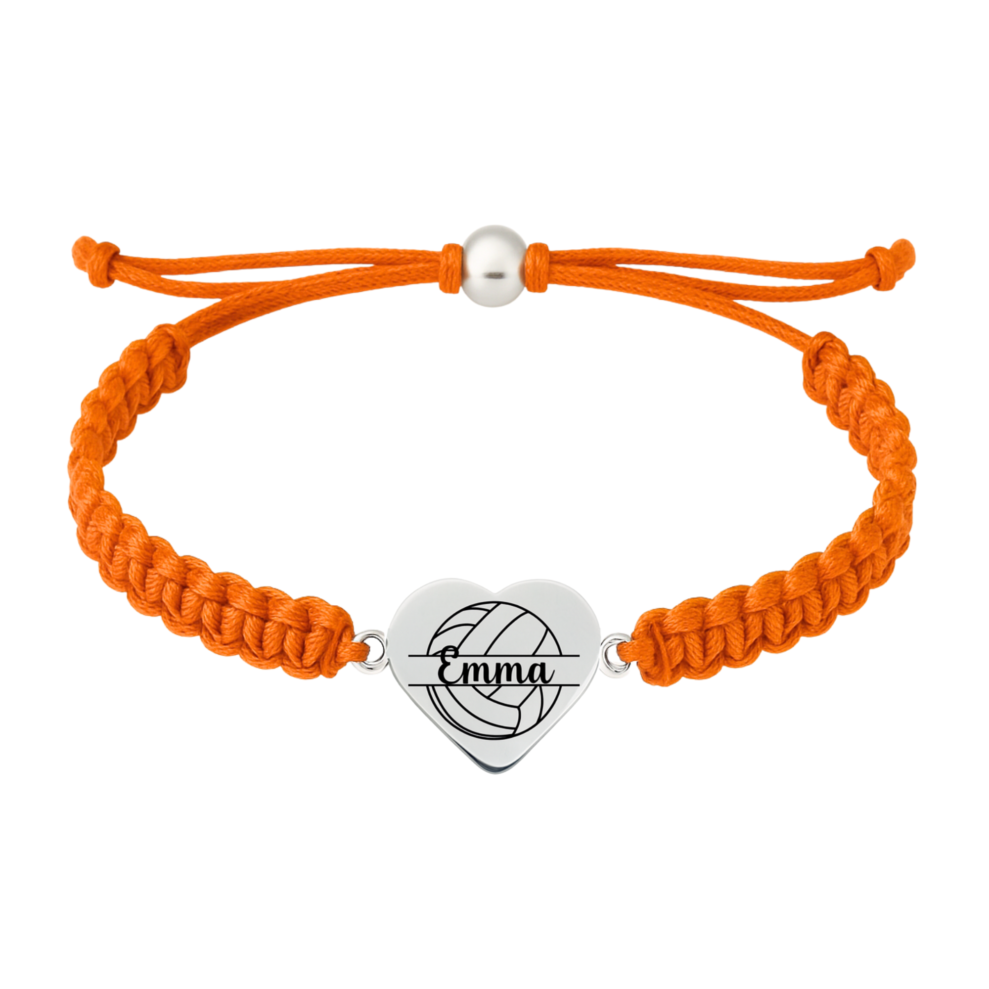 Orange bracelet with custom volleyball charm centered on braided cord