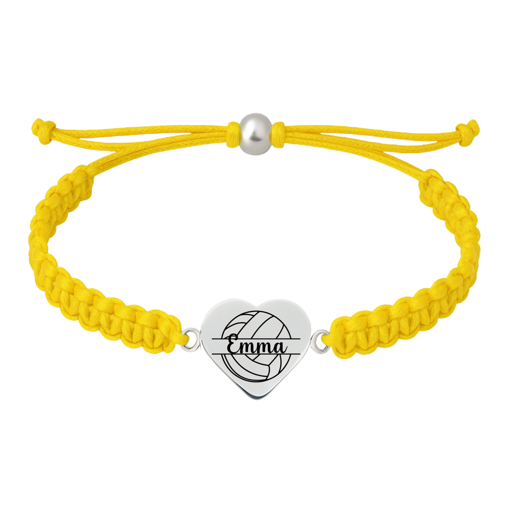 Yellow rope bracelet with engraved heart volleyball charm and adjustable ends
