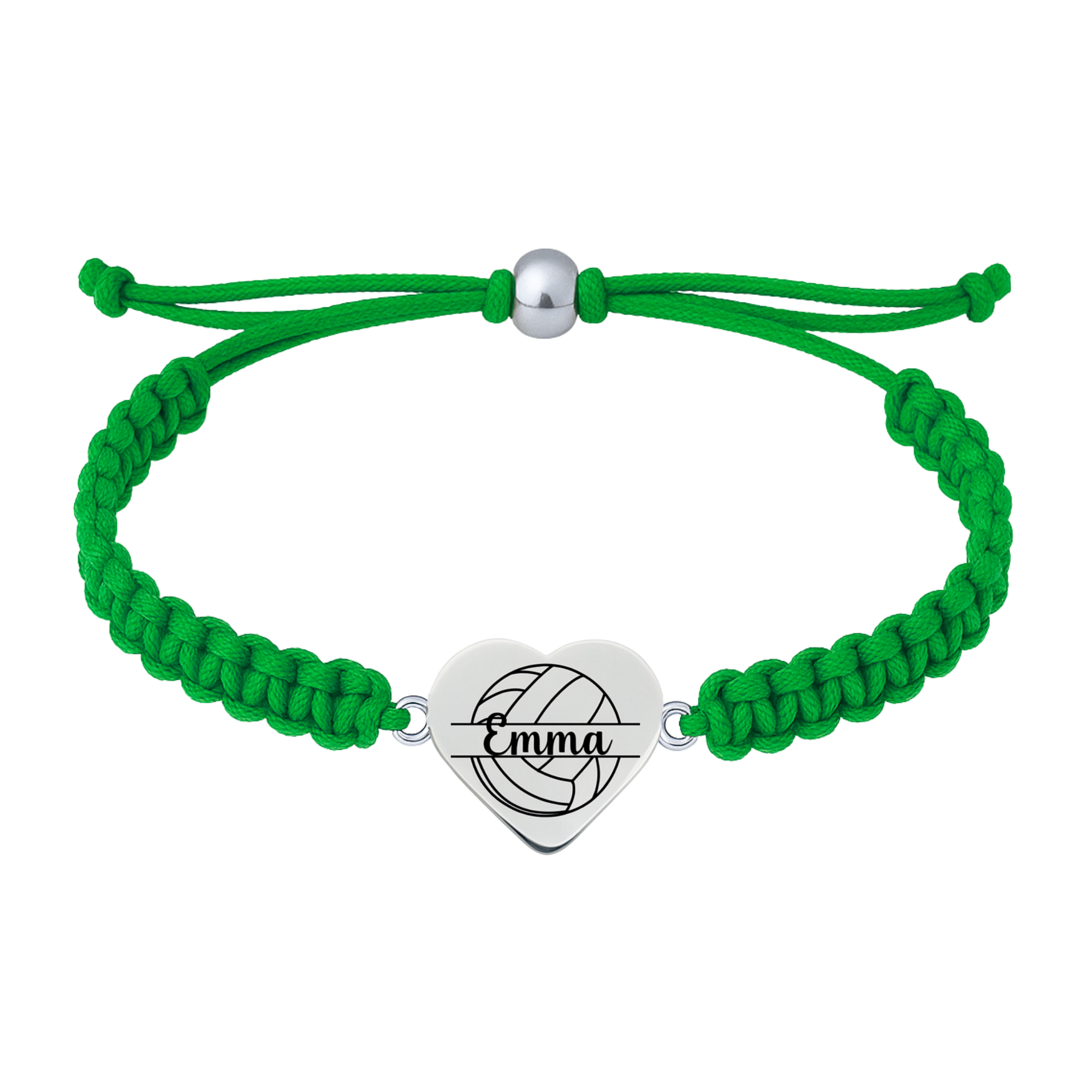 Kelly green bracelet with custom name on heart-shaped volleyball charm