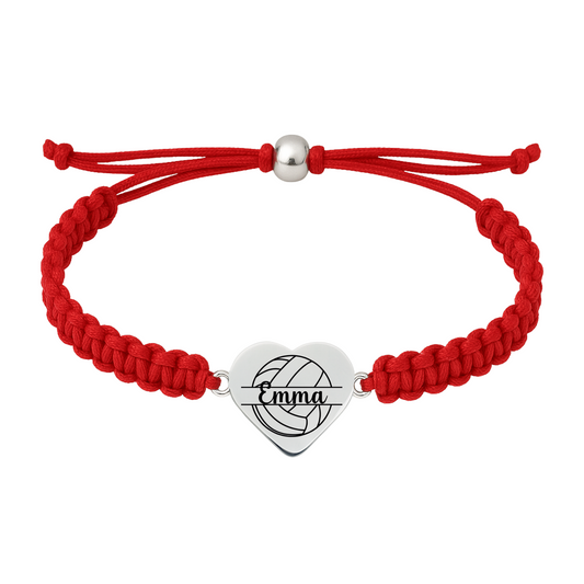 Red braided rope bracelet with personalized heart-shaped volleyball charm engraved