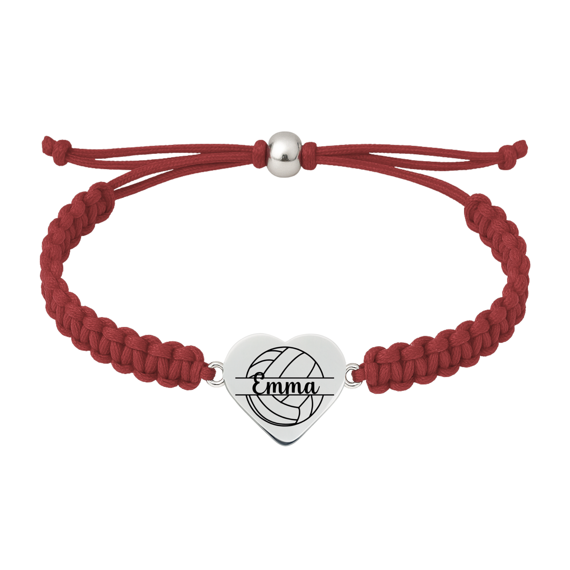 Maroon rope bracelet with volleyball heart charm engraved with name