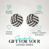 Volleyball stud earrings displayed on stylish product card highlighting silver-plated design and crystal shine