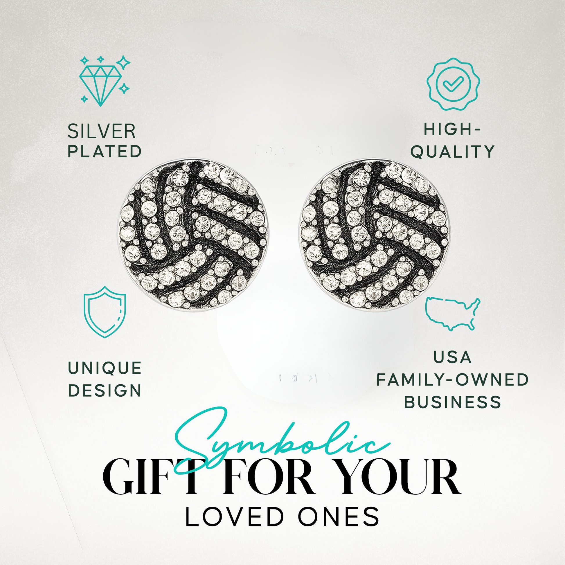 Volleyball stud earrings displayed on stylish product card highlighting silver-plated design and crystal shine