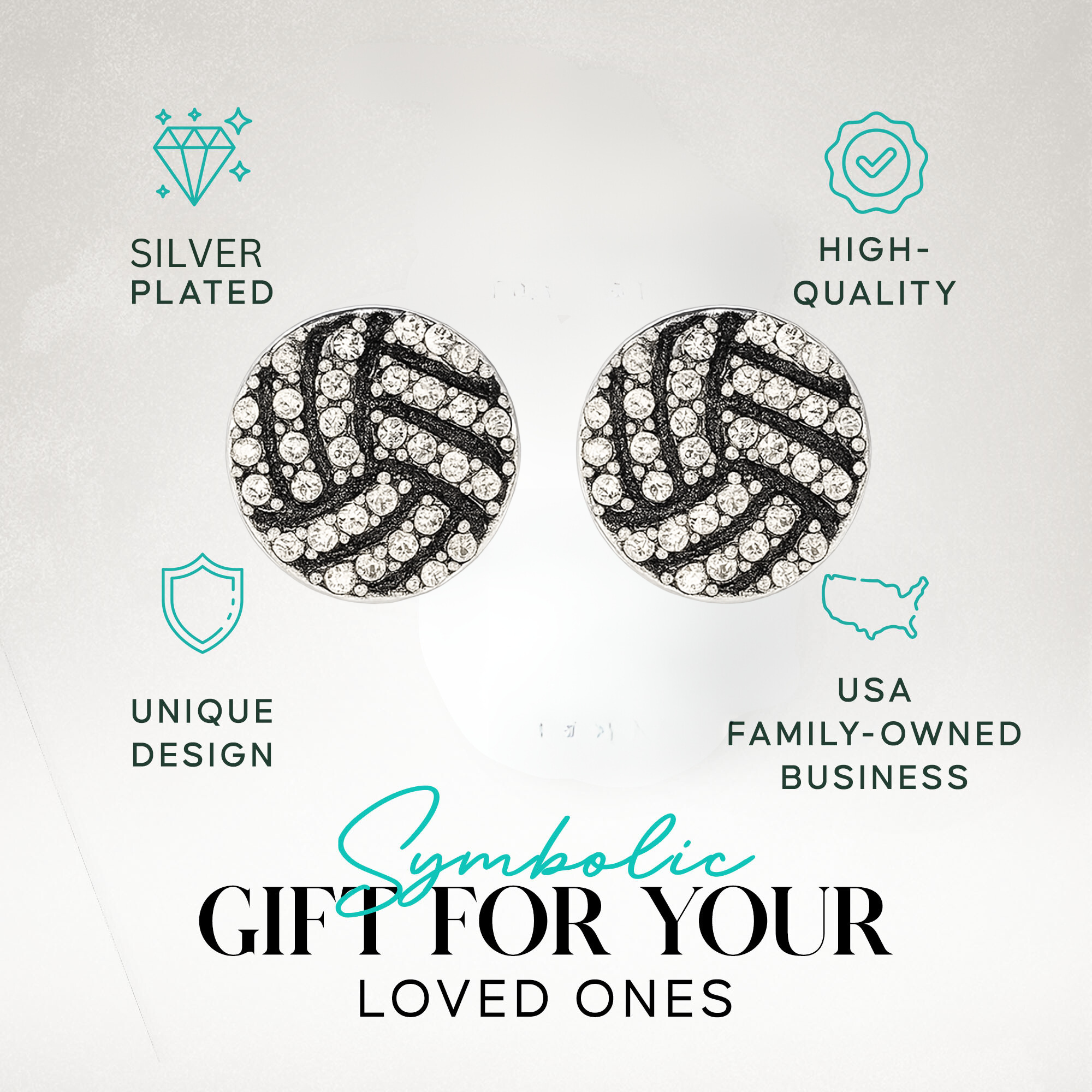 Volleyball stud earrings displayed on stylish product card highlighting silver-plated design and crystal shine