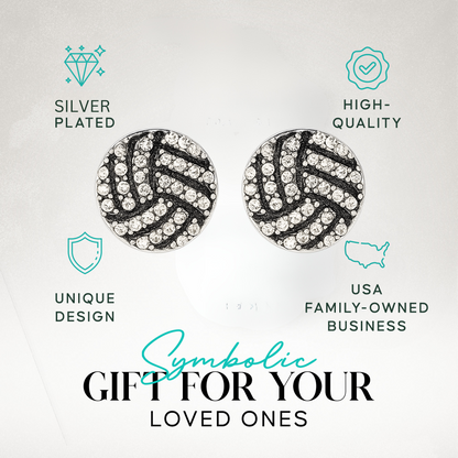 Volleyball stud earrings displayed on stylish product card highlighting silver-plated design and crystal shine
