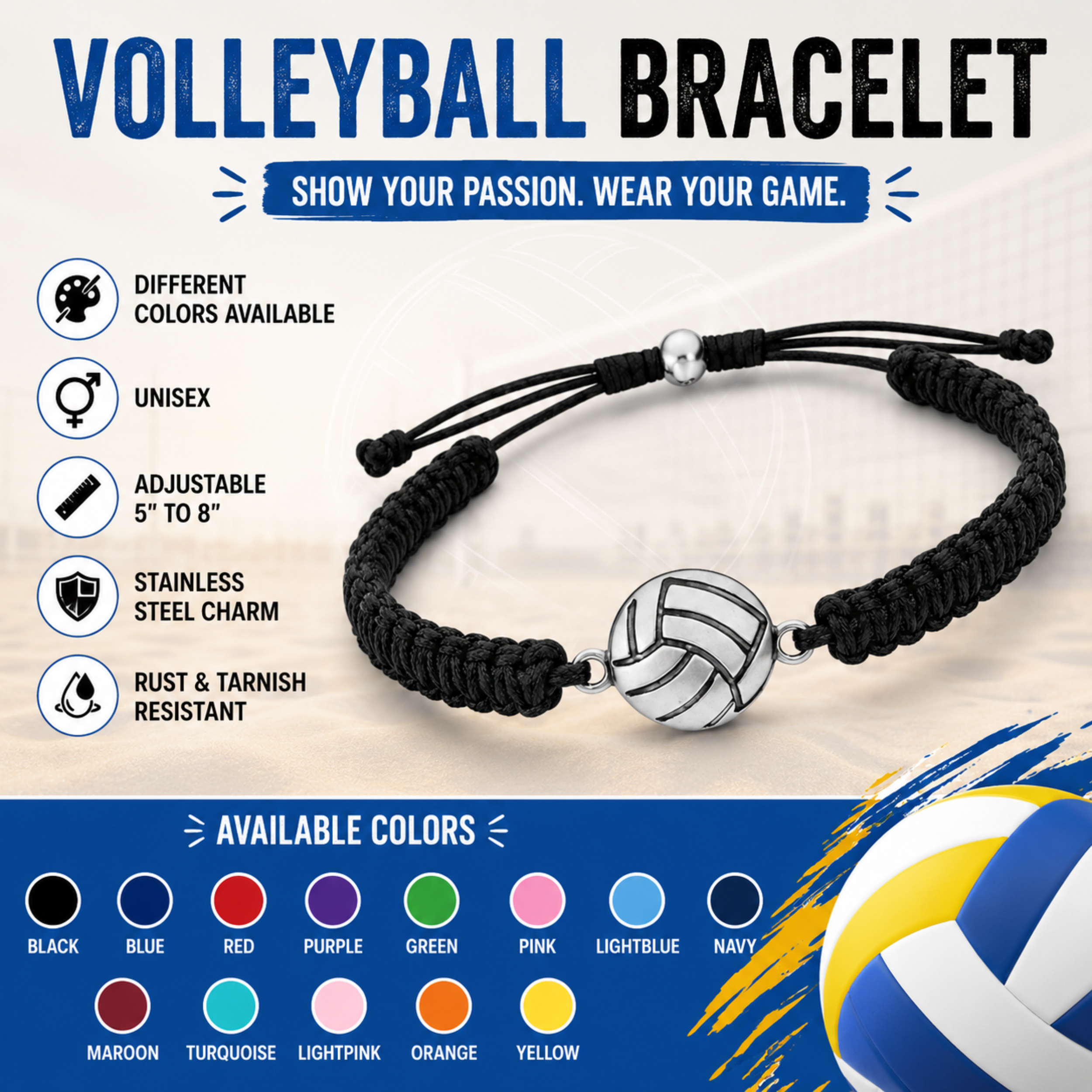 Volleyball Rope Bracelet - Pick Color