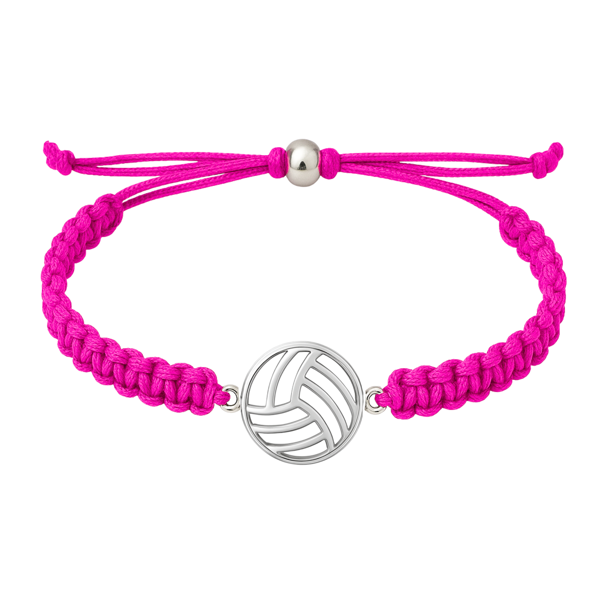 Hot pink volleyball bracelet with silver charm, adjustable and great for sporty girls