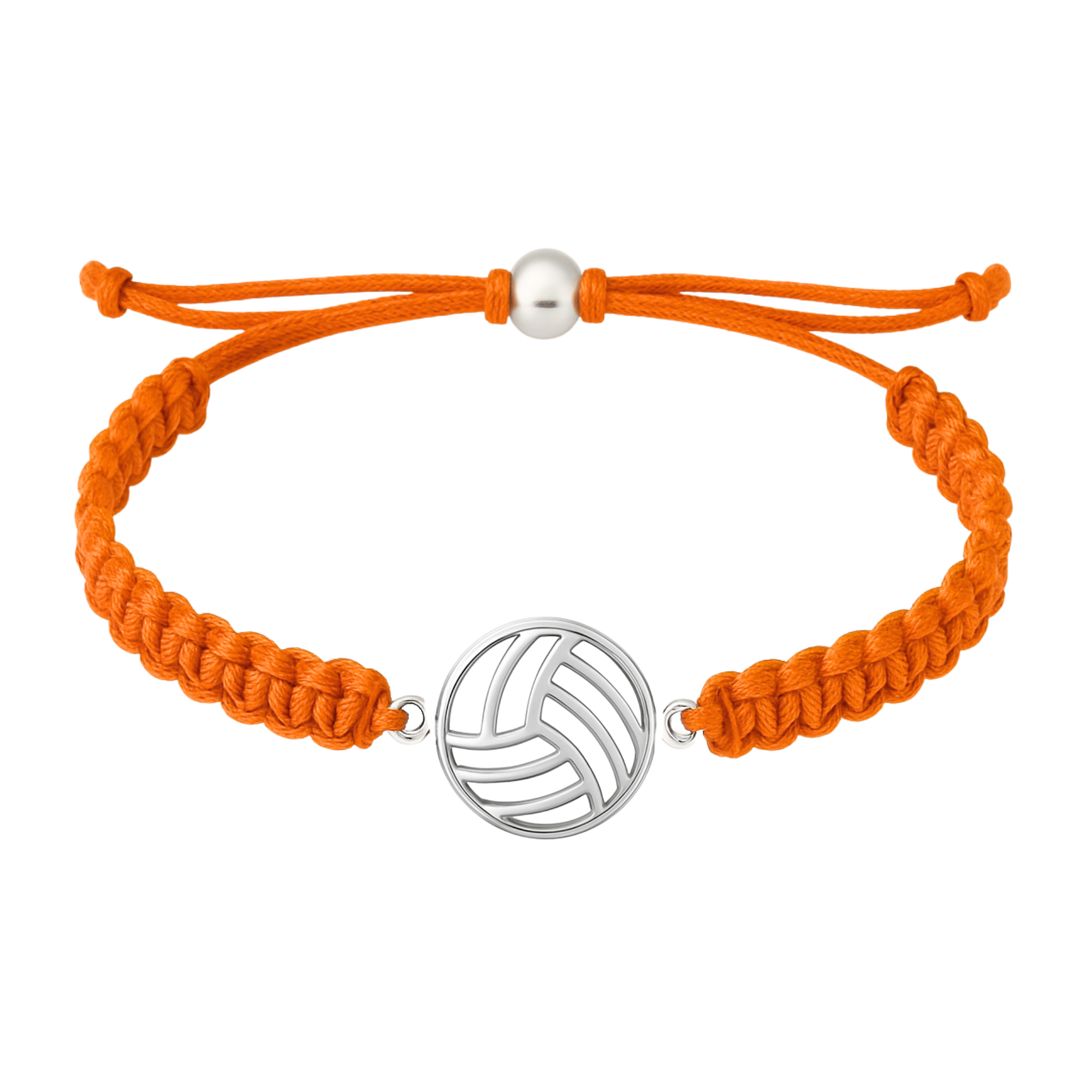 Orange braided volleyball bracelet with adjustable fit and shiny stainless steel charm for players