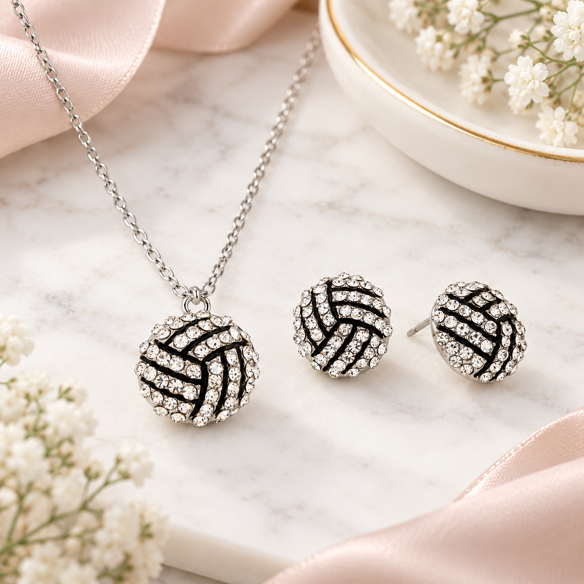 Volleyball Rhinestone Necklace and Earring Set