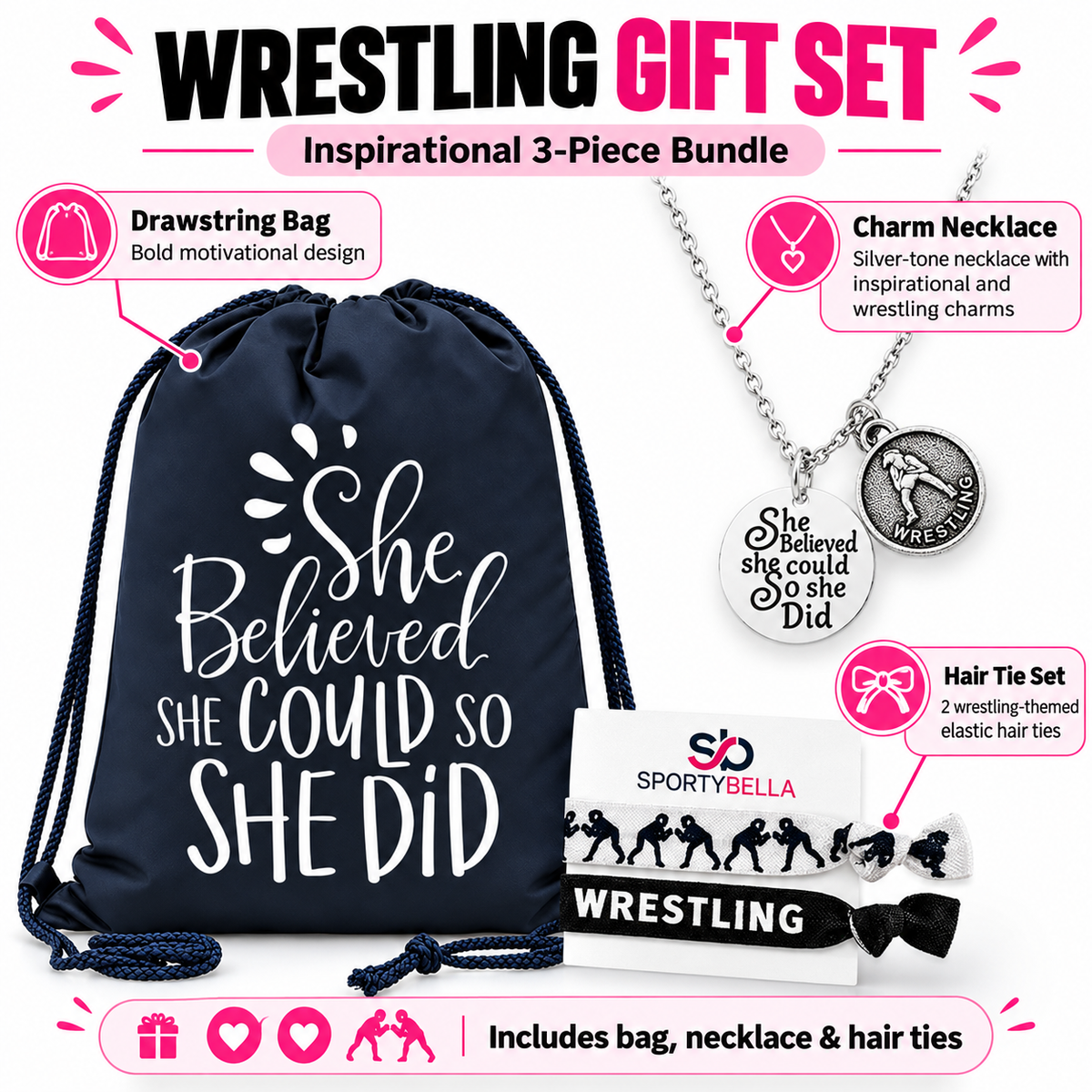 Wrestling She Did Necklace Gift Bundle