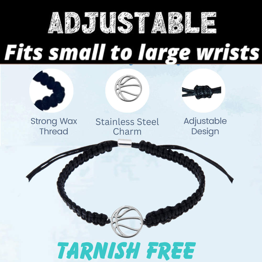 Adjustable sizing graphic with black basketball bracelet and “tarnish free” stainless steel charm
