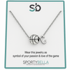 Personalized basketball necklace with initial charm and basketball pendant by SportyBella on display card