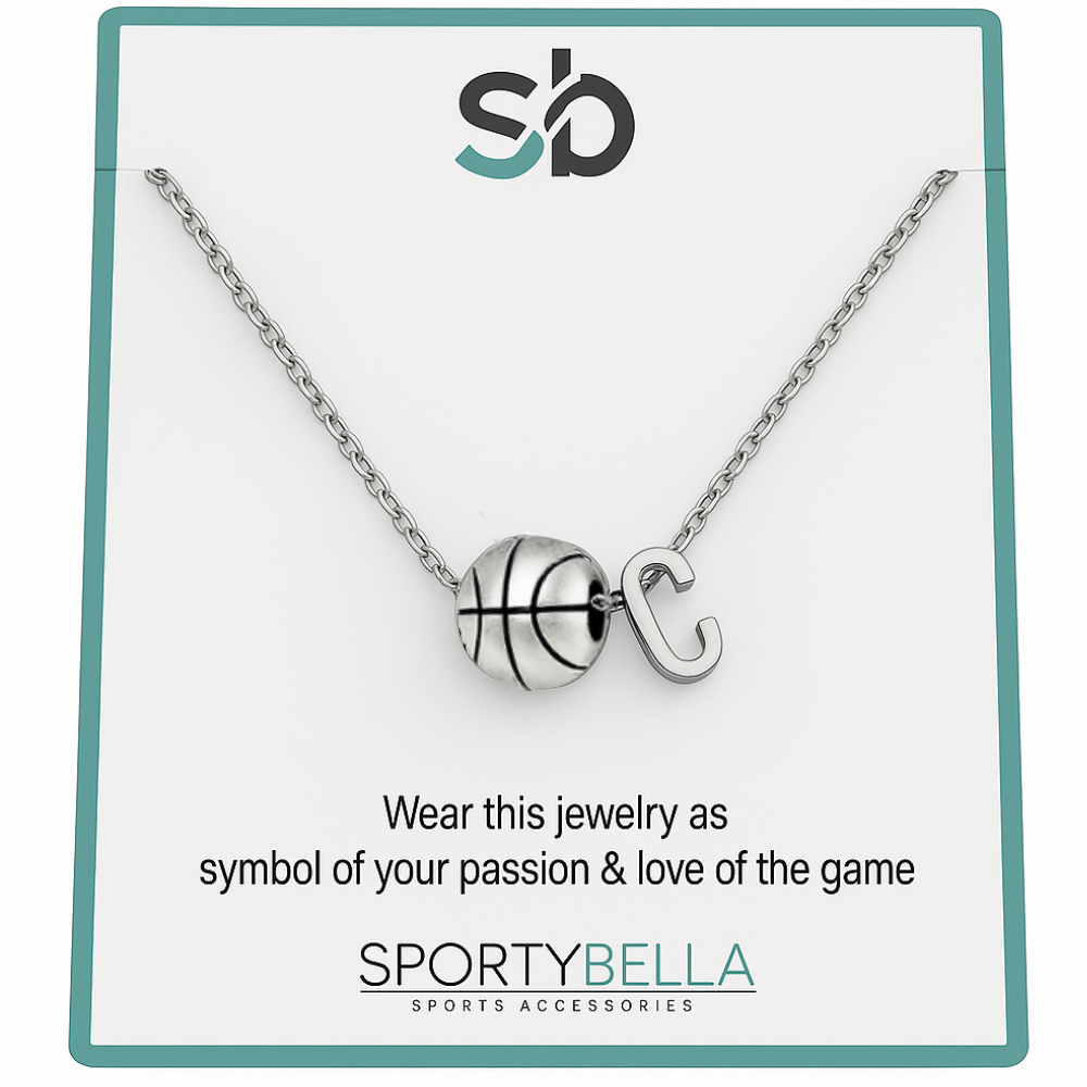 Personalized basketball necklace with initial charm and basketball pendant by SportyBella on display card