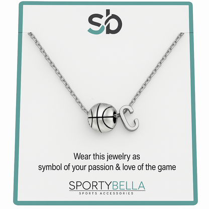 Personalized basketball necklace with initial charm and basketball pendant by SportyBella on display card