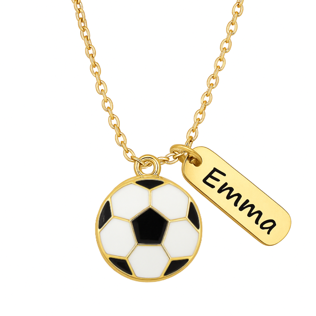 Gold Soccer Engraved Tag Charm Necklace