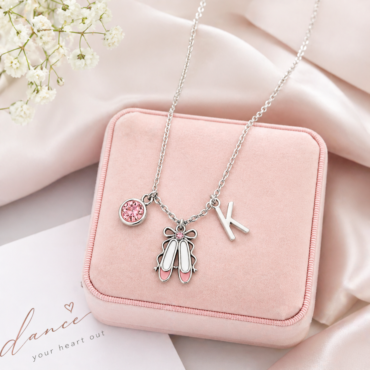 Personalized Dance Necklace with Letter & Birthstone Charm