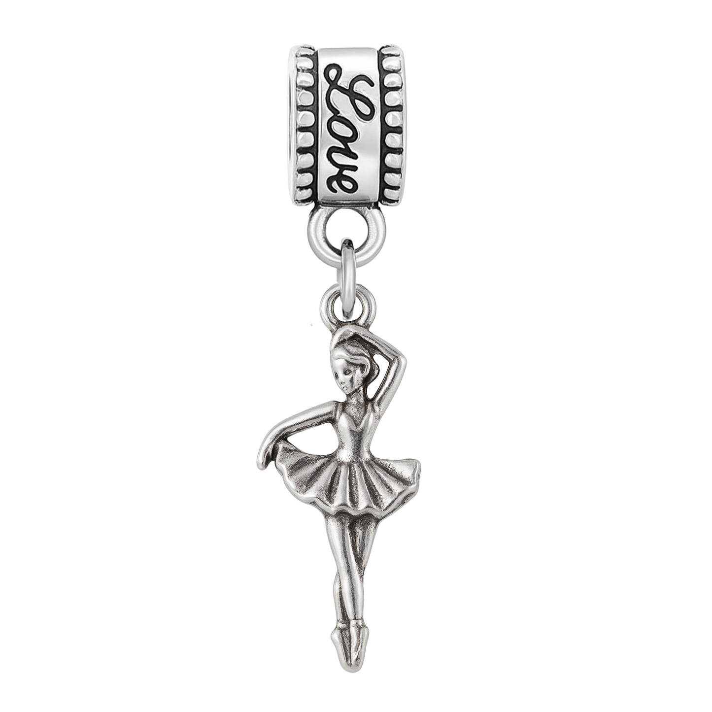 Silver ballet dancer charm bead with tutu design, compatible with European bracelets