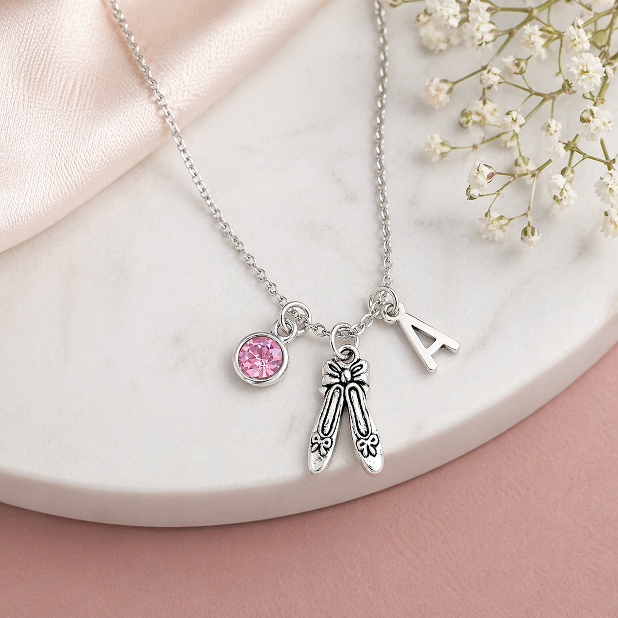 Personalized Dance Necklace with Letter & Birthstone Charm