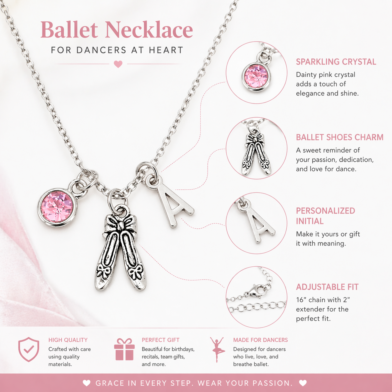 Personalized Dance Necklace with Letter & Birthstone Charm