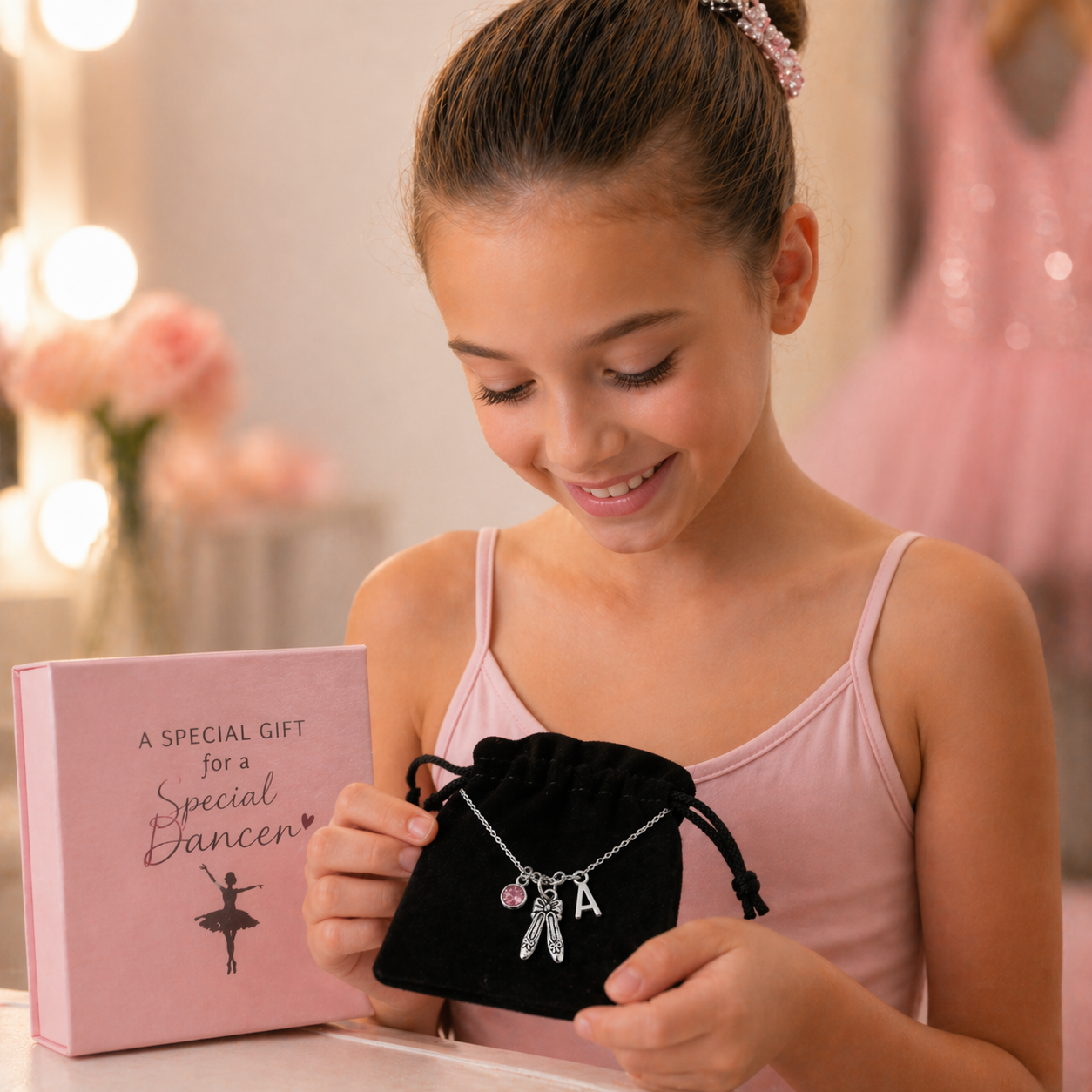 Personalized Dance Necklace with Letter & Birthstone Charm