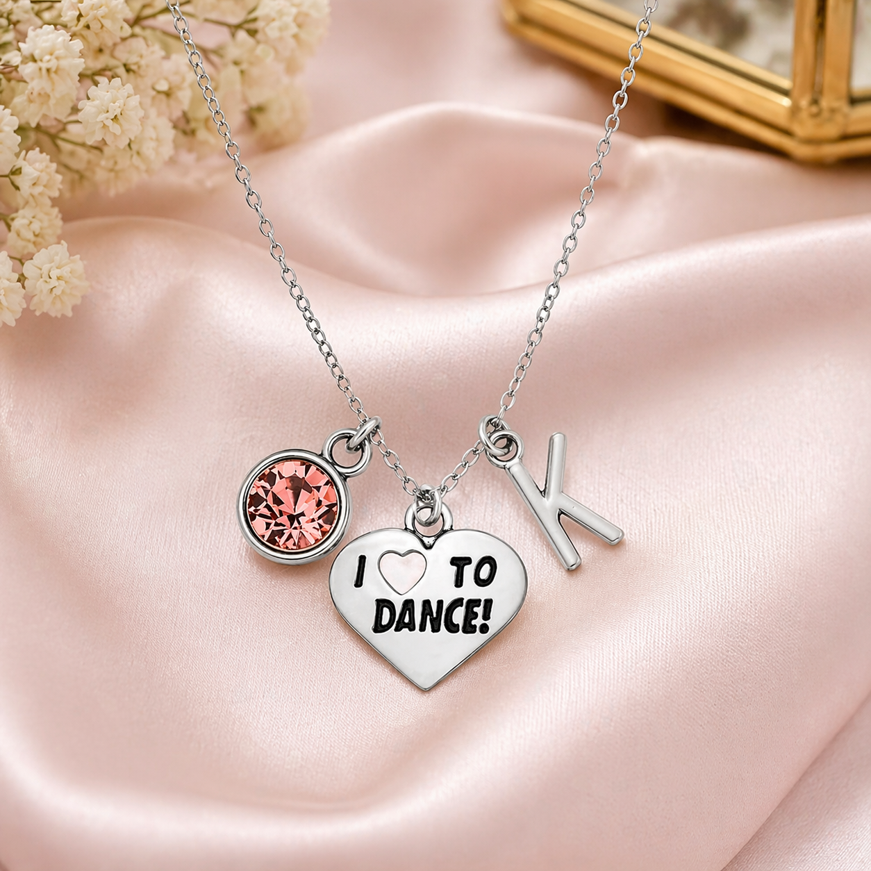 Personalized Dance Necklace with Letter & Birthstone Charm