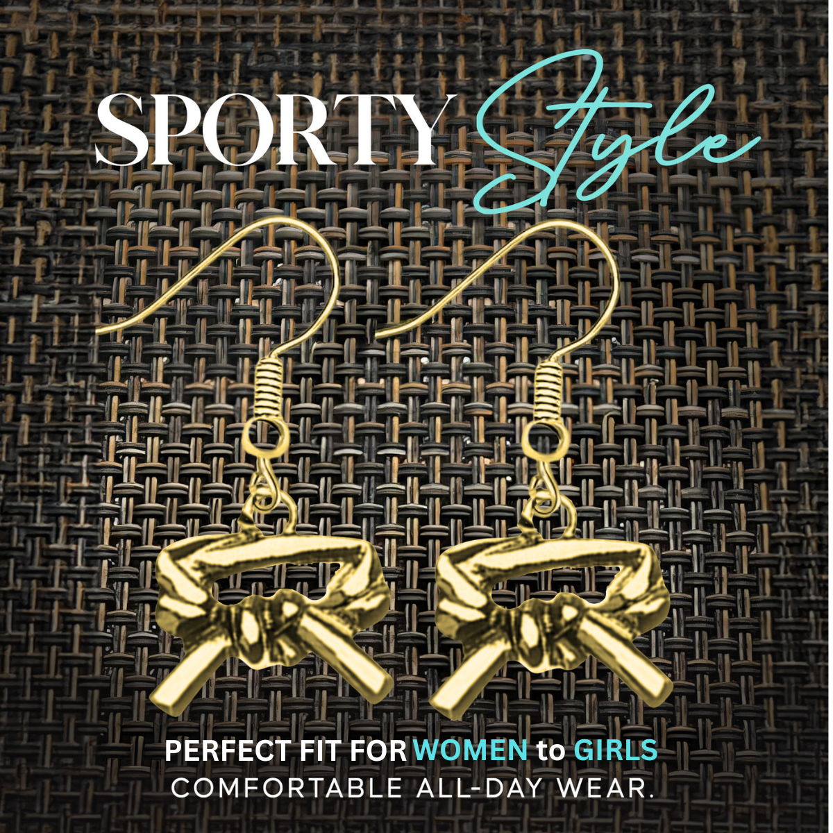 Close-up of silver martial arts earrings in packaging labeled “Gift for Your Loved Ones”