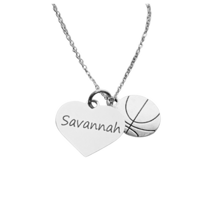 Engraved Basketball Heart Name Necklace