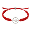 Red rope bracelet with silver treble clef charm, adjustable slip knot closure.