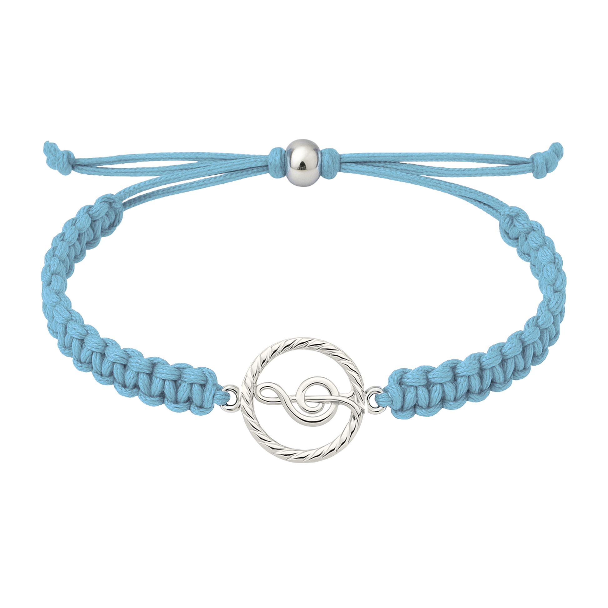 Light blue braided music rope bracelet with treble clef charm, stylish unisex jewelry.