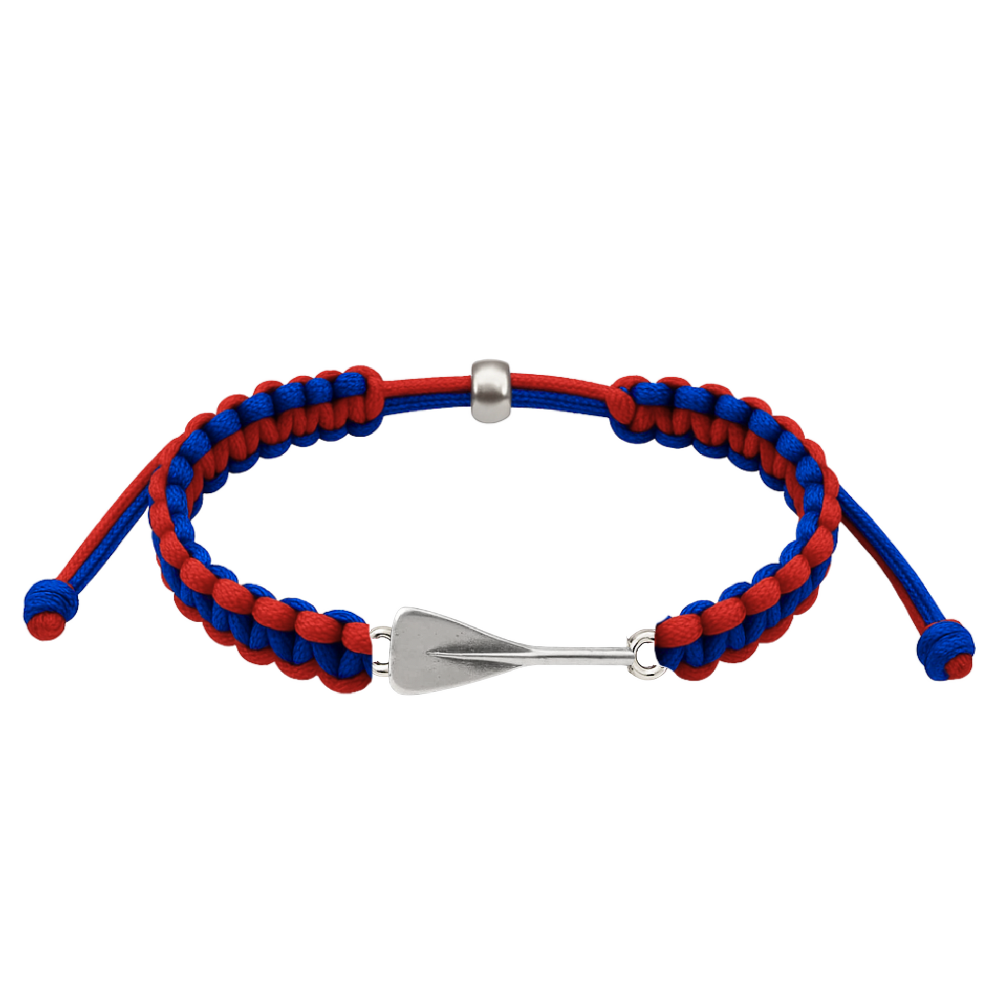 red and blue rowing bracelet with silver oar charm, adjustable waterproof cord design.