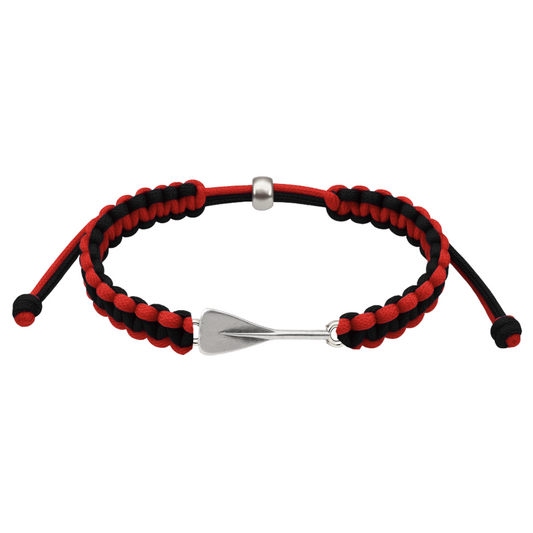 Red and black rowing bracelet with silver oar charm and adjustable slip knot closure.