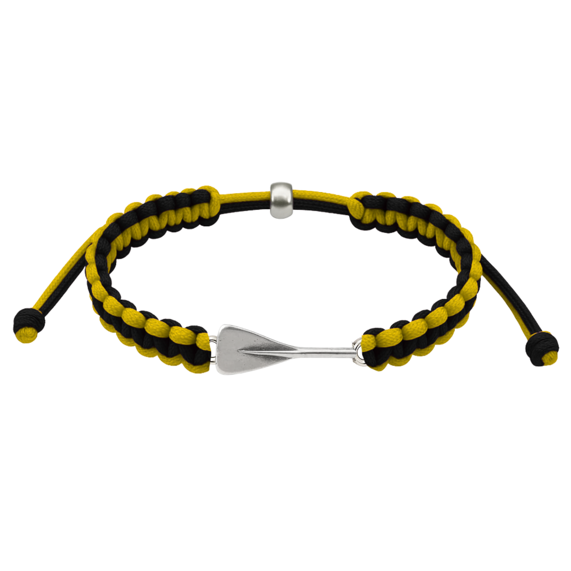 Yellow and black rowing rope bracelet with silver oar charm, perfect team accessory.