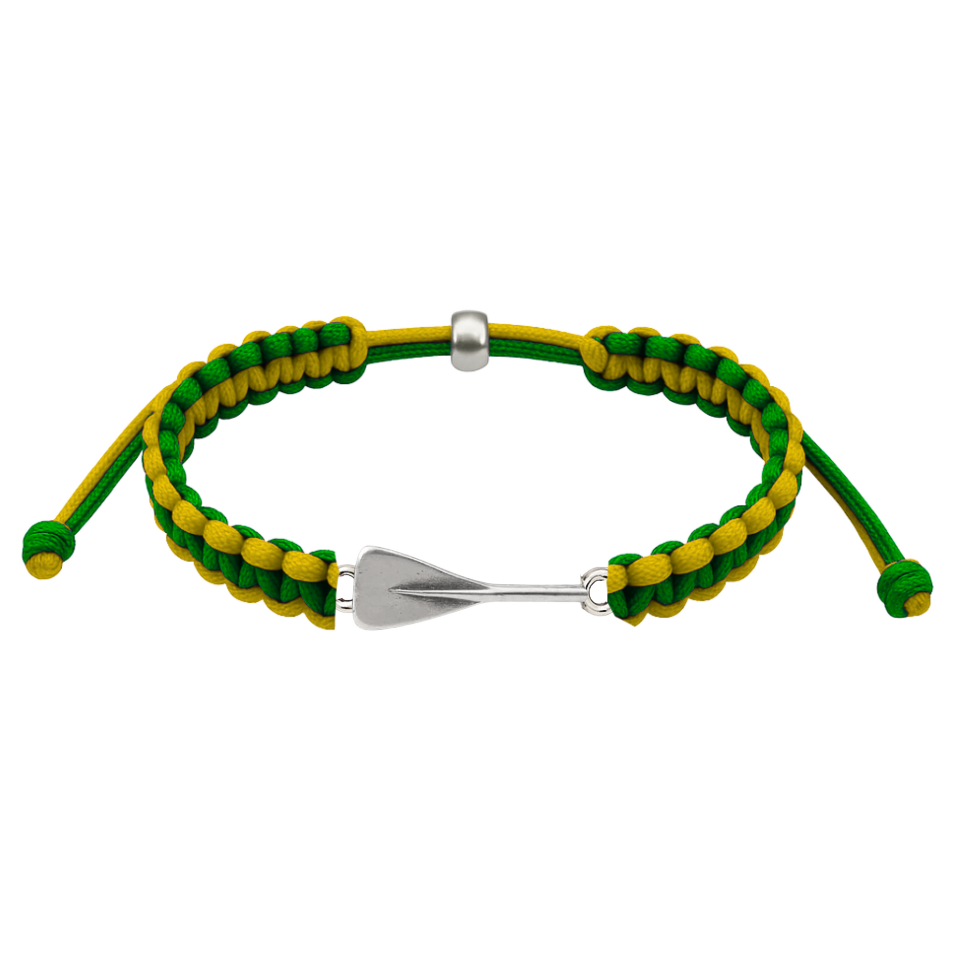 Yellow and green rowing bracelet with silver oar charm, durable braided cord style.