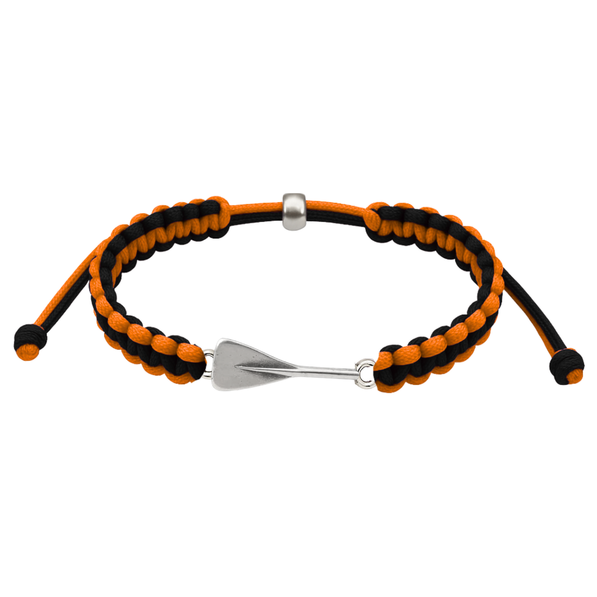 Orange and black rowing bracelet with silver oar charm, waterproof braided cord design.