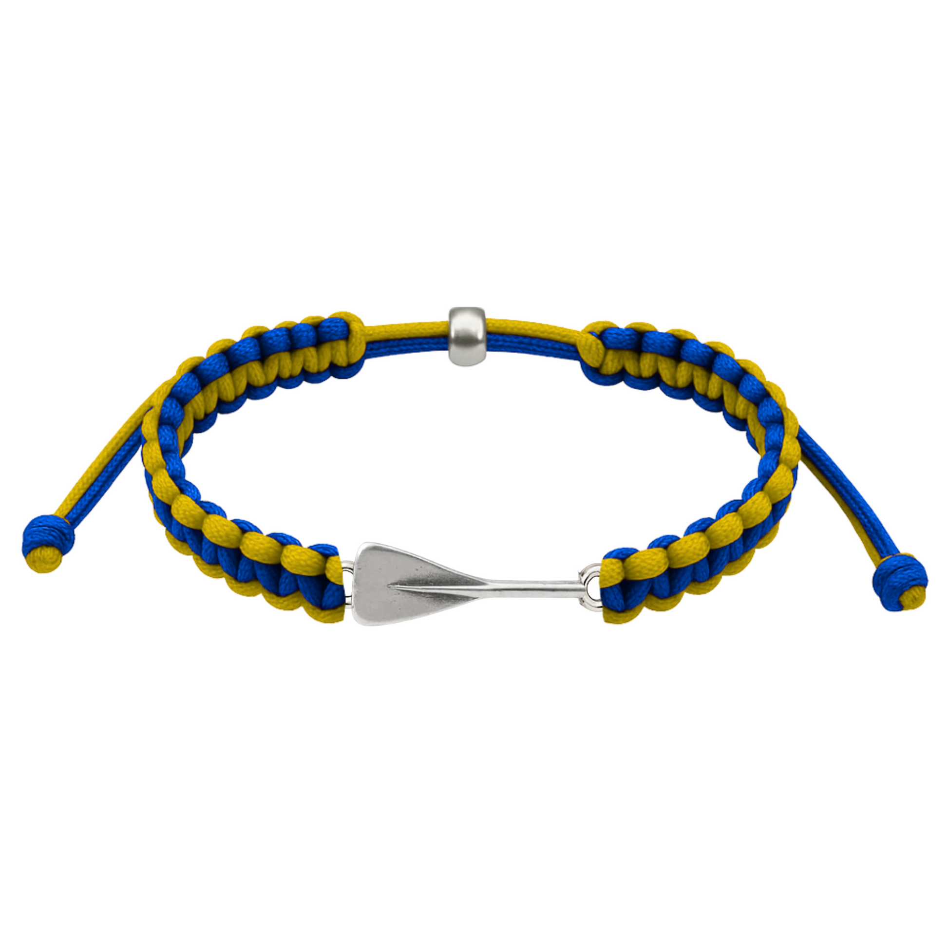 Yellow and blue rowing bracelet with silver oar charm, durable braided cord style.