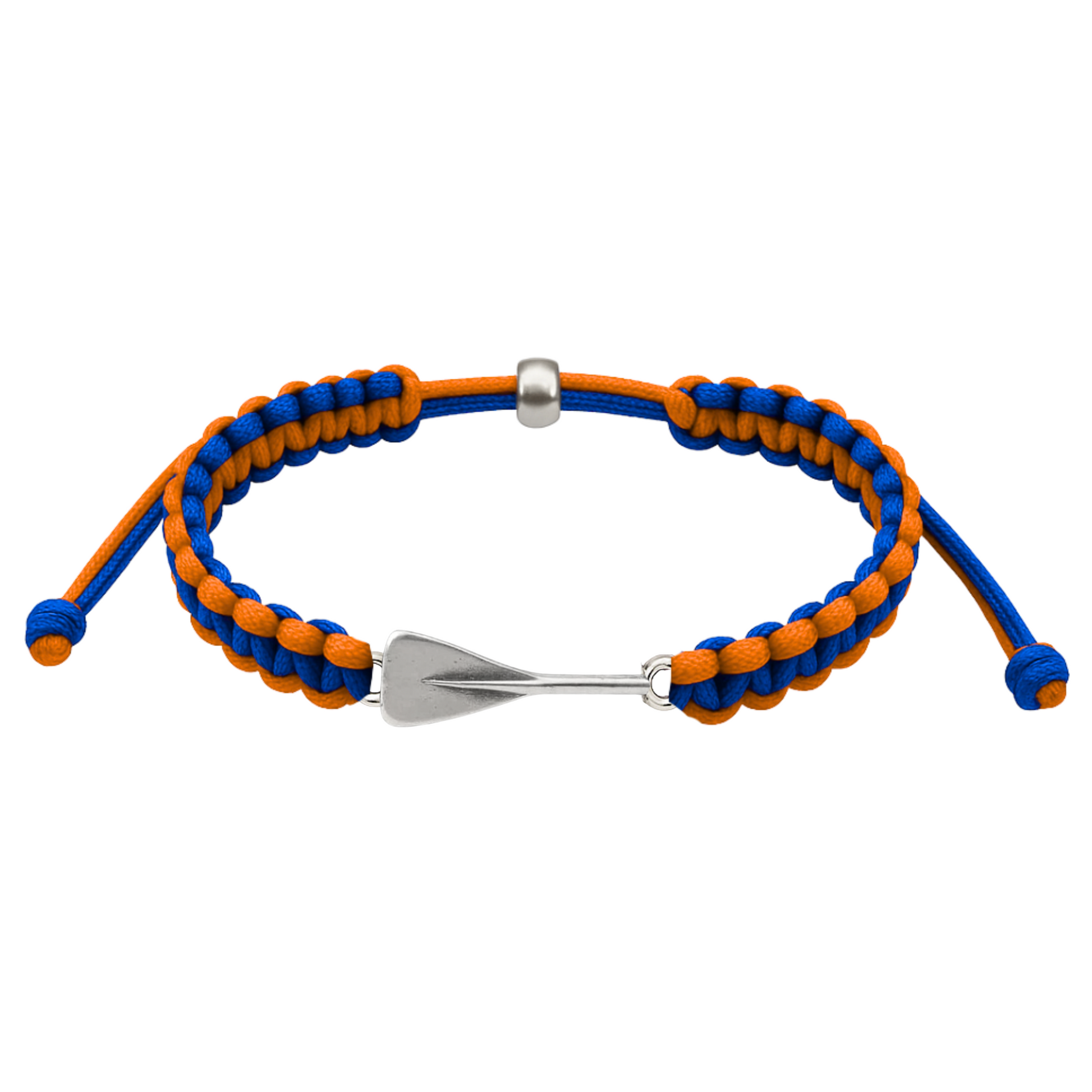 Orange and blue rowing bracelet with silver oar charm, waterproof braided cord design.