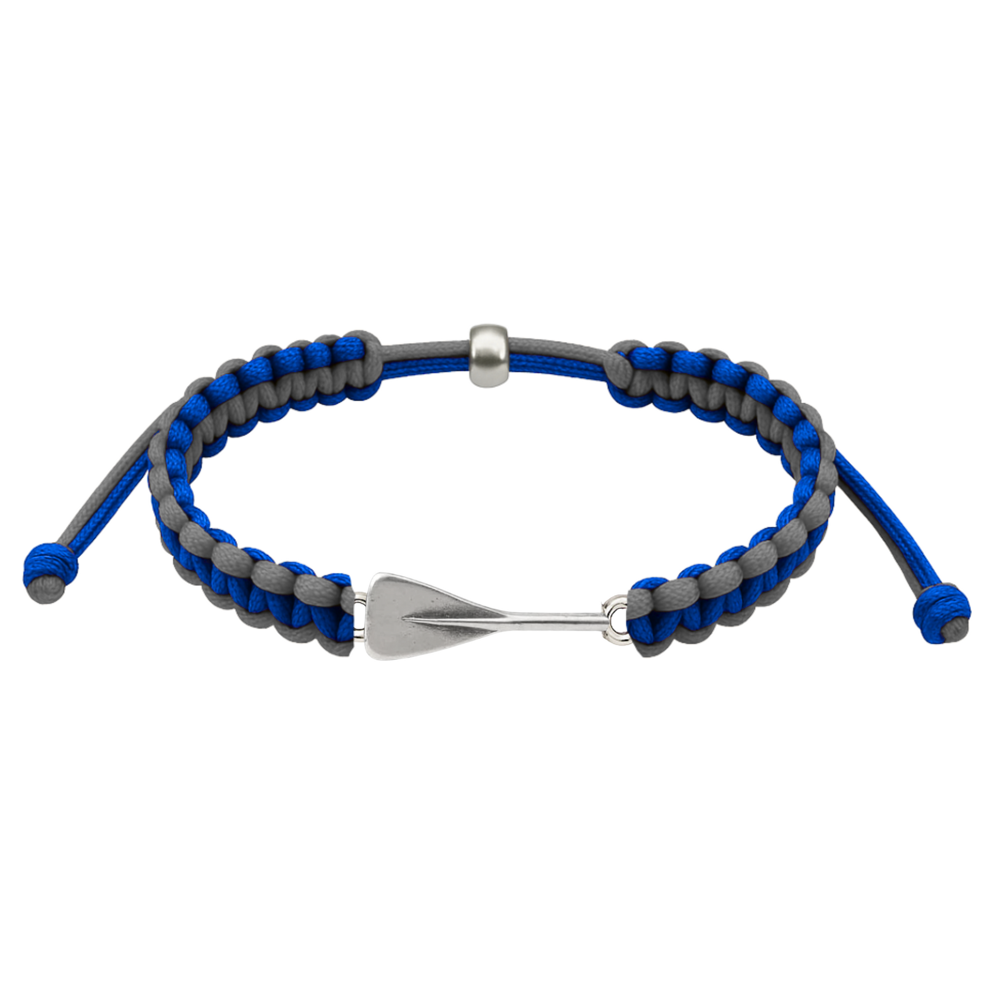 Dark blue rowing bracelet with braided cord and silver oar charm, unisex jewelry gift.