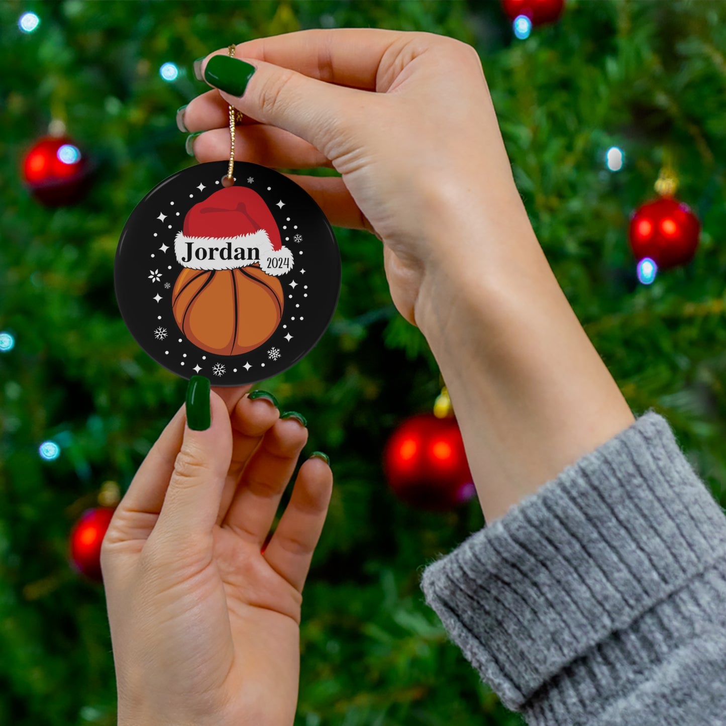 Personalized Basketball Ornament with Santa's Hat