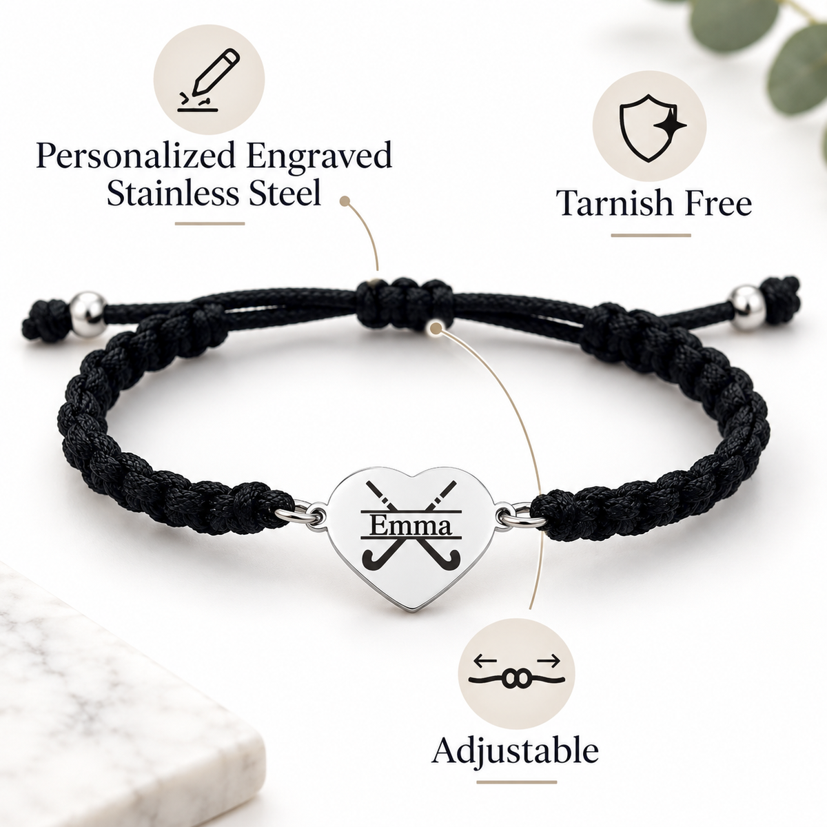 Personalized Engraved Field Hockey Heart Rope Bracelet