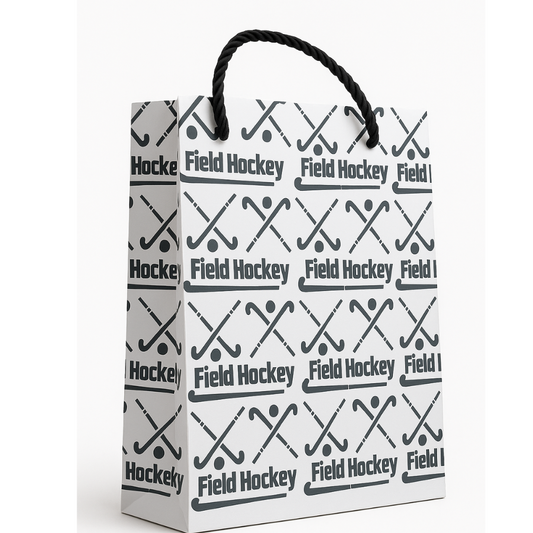 Field hockey gift bag featuring stylish design with sticks, perfect for wrapping gifts for enthusiasts.