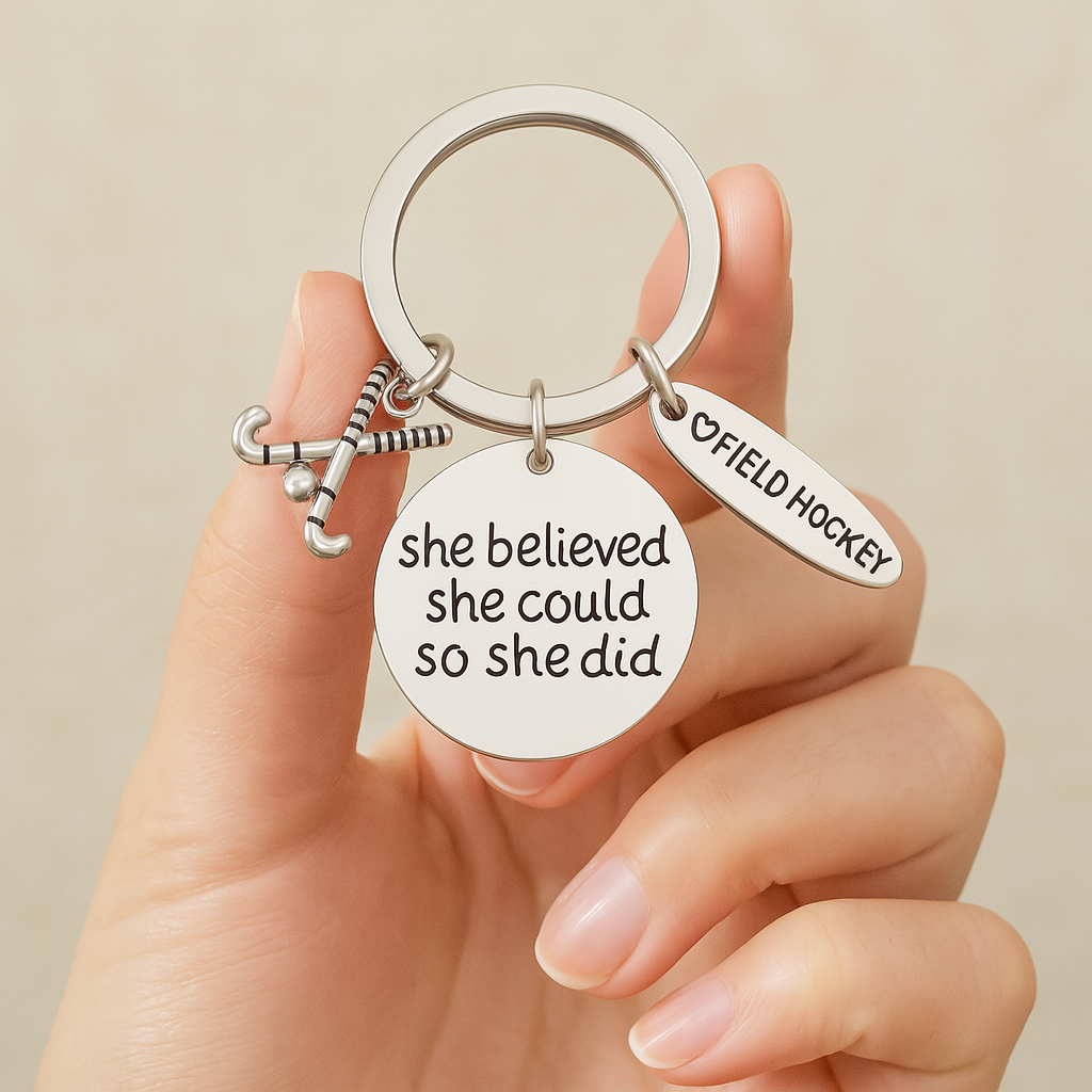 Inspirational She Believed She Could So She Did field hockey keychain packaged in black gift box