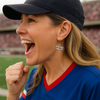 Woman wearing silver Football Mom dangle earrings at a sporting event