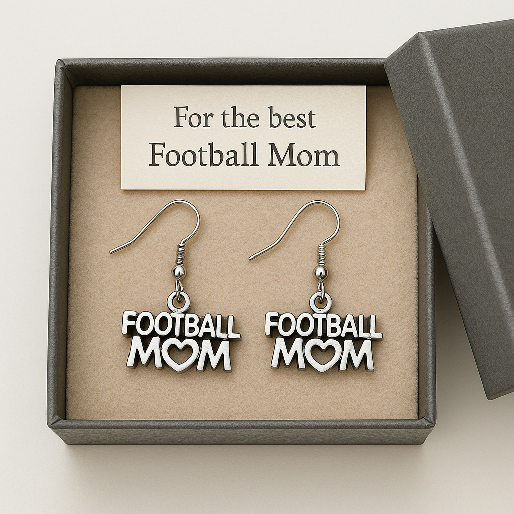 Football Mom dangle earrings presented in gift box with For the Best Football Mom card
