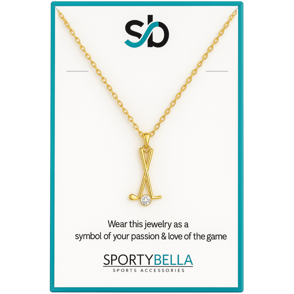 Gold golf club charm necklace on a card with the text 'Wear this jewelry as a symbol of your passion & love of the game'.
