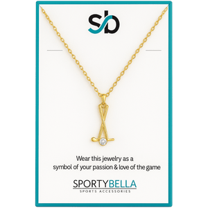 Gold golf club charm necklace on a card with the text 'Wear this jewelry as a symbol of your passion & love of the game'.